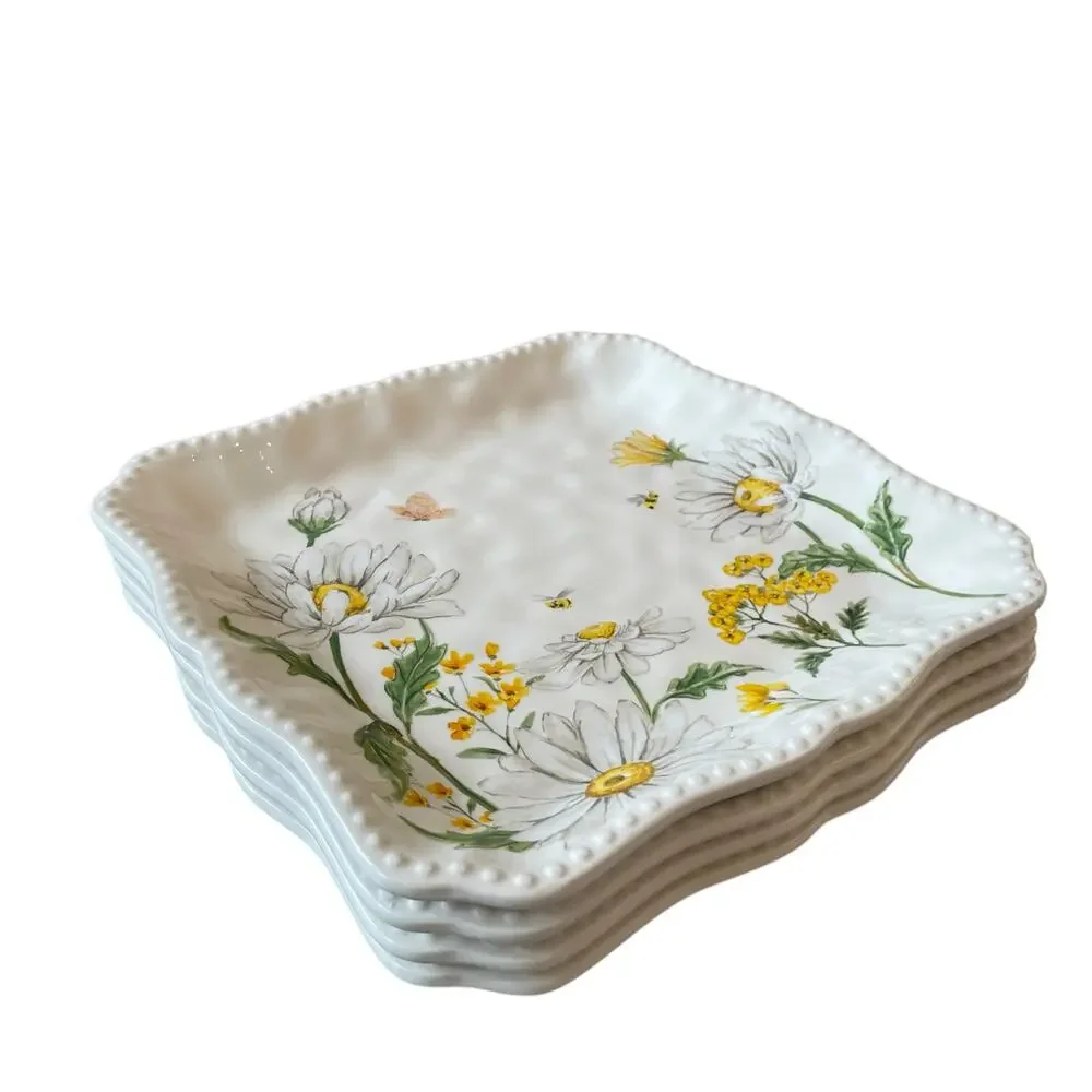 MAXCERA Spring Easter Bee Butterfly Daisy Square Dinner Plates Set of 4 New